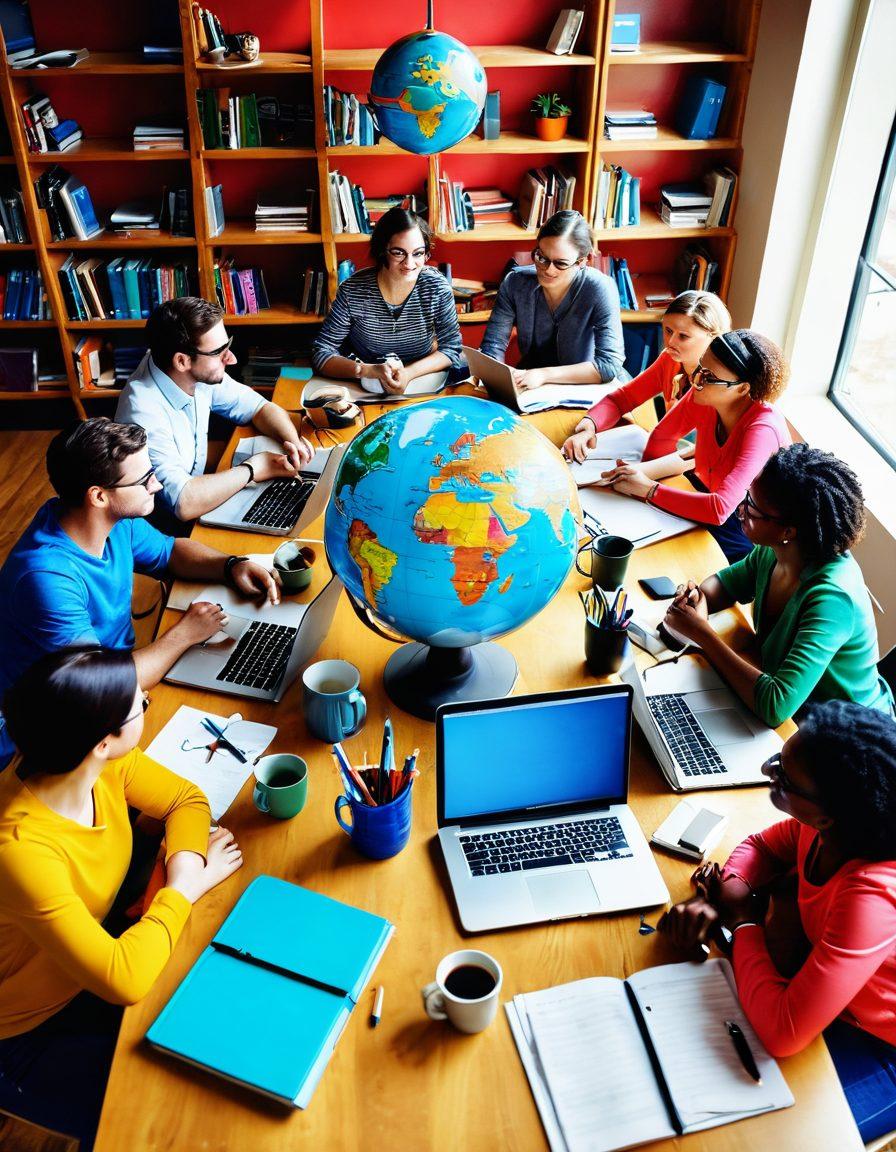 A diverse group of bloggers engaged in a vibrant discussion around a large table filled with laptops, notebooks, and coffee mugs, symbolizing collaboration and creativity. The background should feature colorful posters with inspirational quotes about blogging and writing. Include elements like a globe and books on the shelves to represent global knowledge and learning. A warm and inviting atmosphere to evoke a sense of community and support. bright colors. 3D.