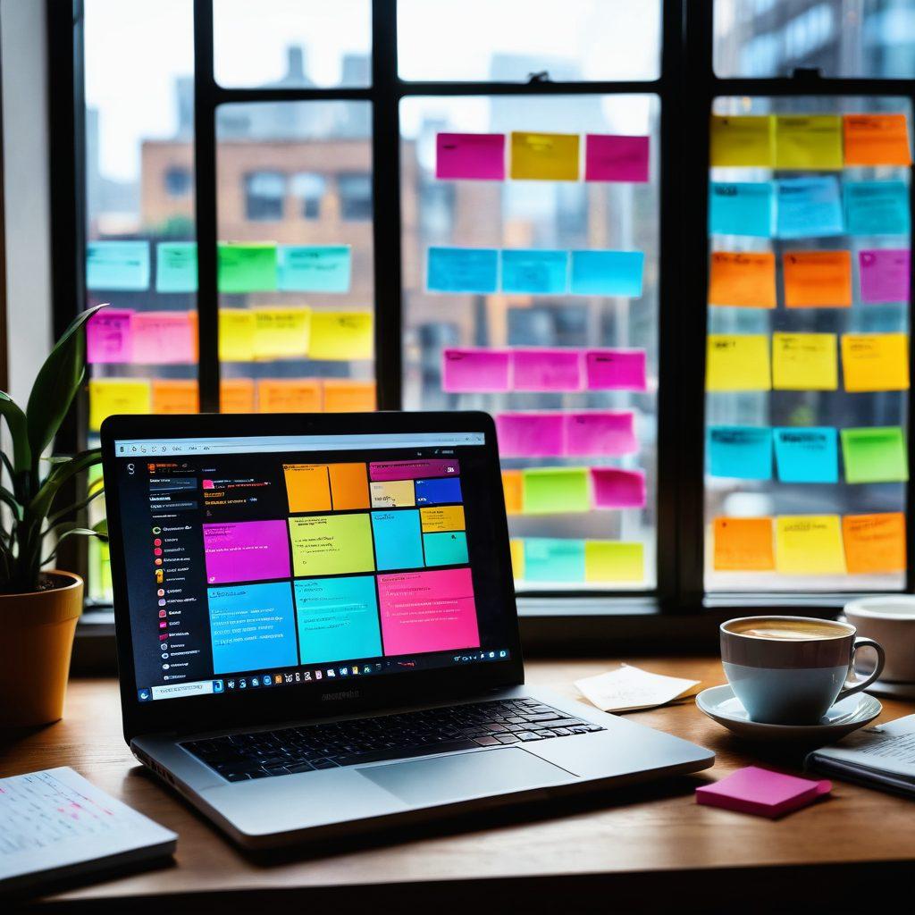 A captivating workspace featuring a modern laptop displaying analytics graphs on the screen, surrounded by colorful sticky notes and a steaming coffee cup. The background shows a bright window with natural light flooding in, highlighting a bookshelf filled with inspiring books on content creation and digital marketing. The atmosphere is lively and motivational, symbolizing creativity and productivity. super-realistic. vibrant colors. soft focus.