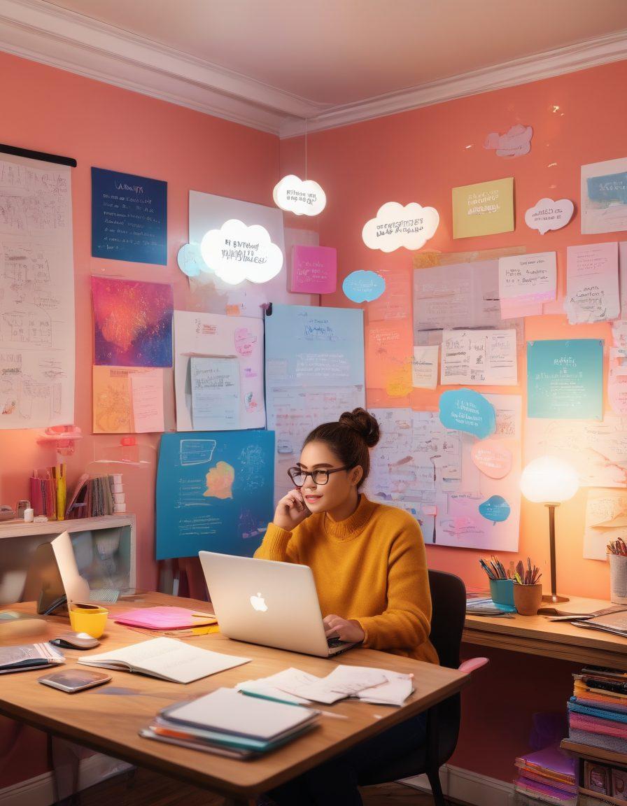 A person surrounded by colorful stationery, laptops, and digital devices, immersed in a brainstorming session with thought bubbles filled with creative ideas. The background features a cozy, inviting workspace with warm lighting and motivational quotes on the walls. Include elements like a notebook with sketches, a coffee cup, and art supplies to enhance the creativity theme. vibrant colors. cozy atmosphere. 3D.